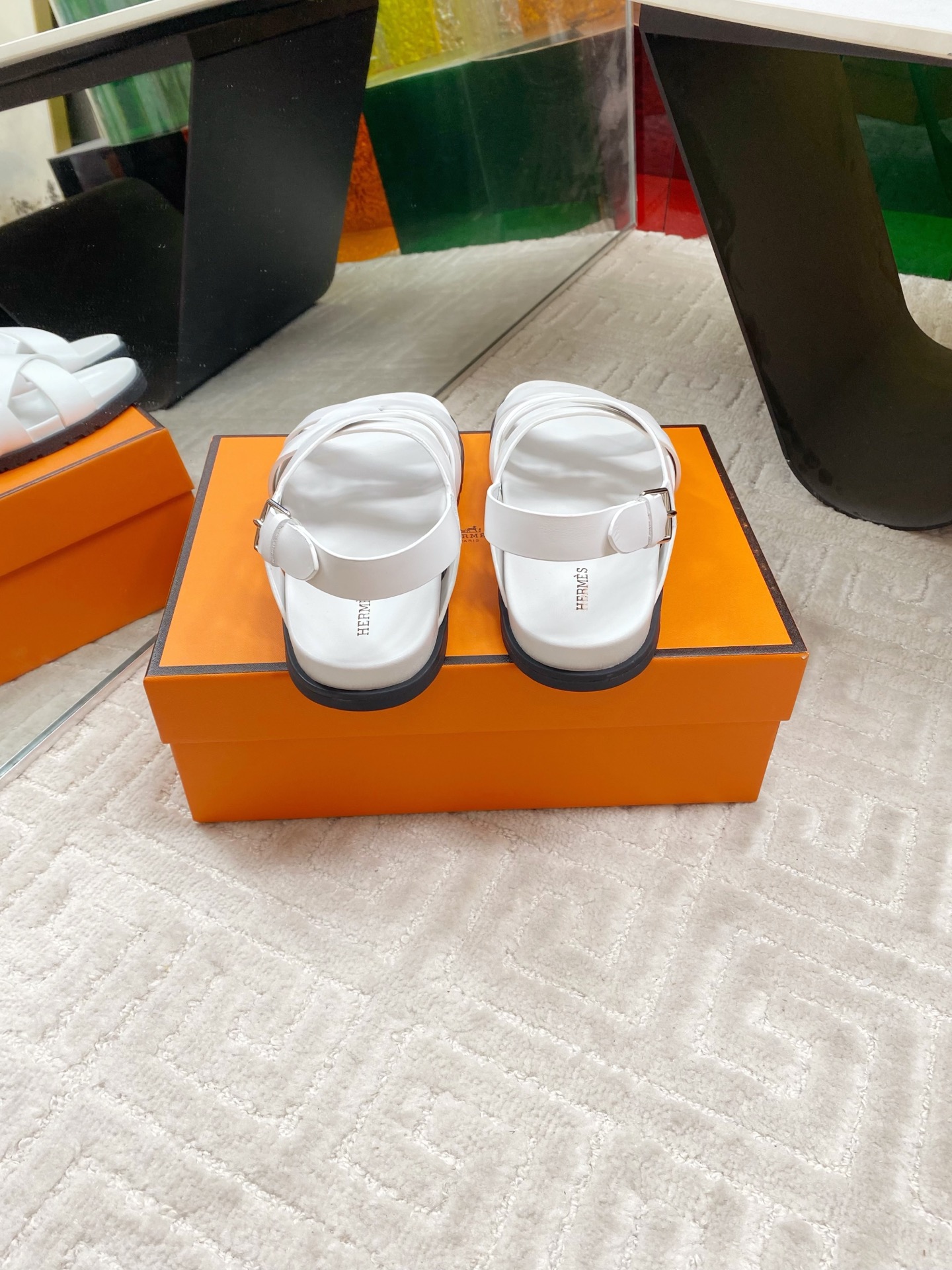 Hermes White Leather Cross Strap Sandals, Casual Summer Shoes for Women 8 i1745307236006 8600 0 6