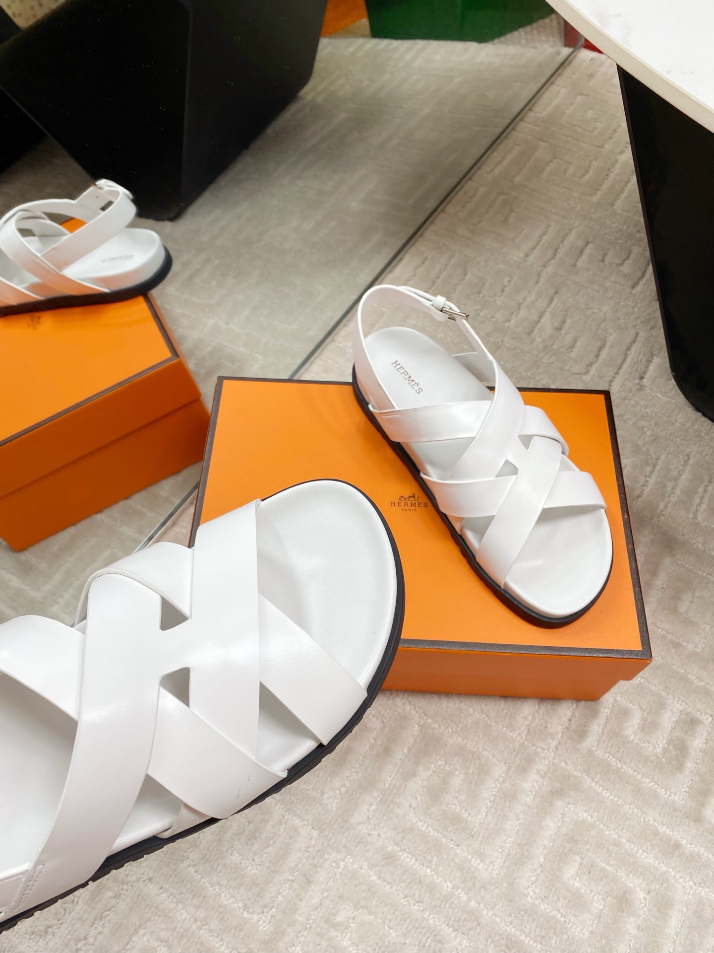 Hermes White Leather Cross Strap Sandals, Casual Summer Shoes for Women 7 i1745307236036 3002 0 5