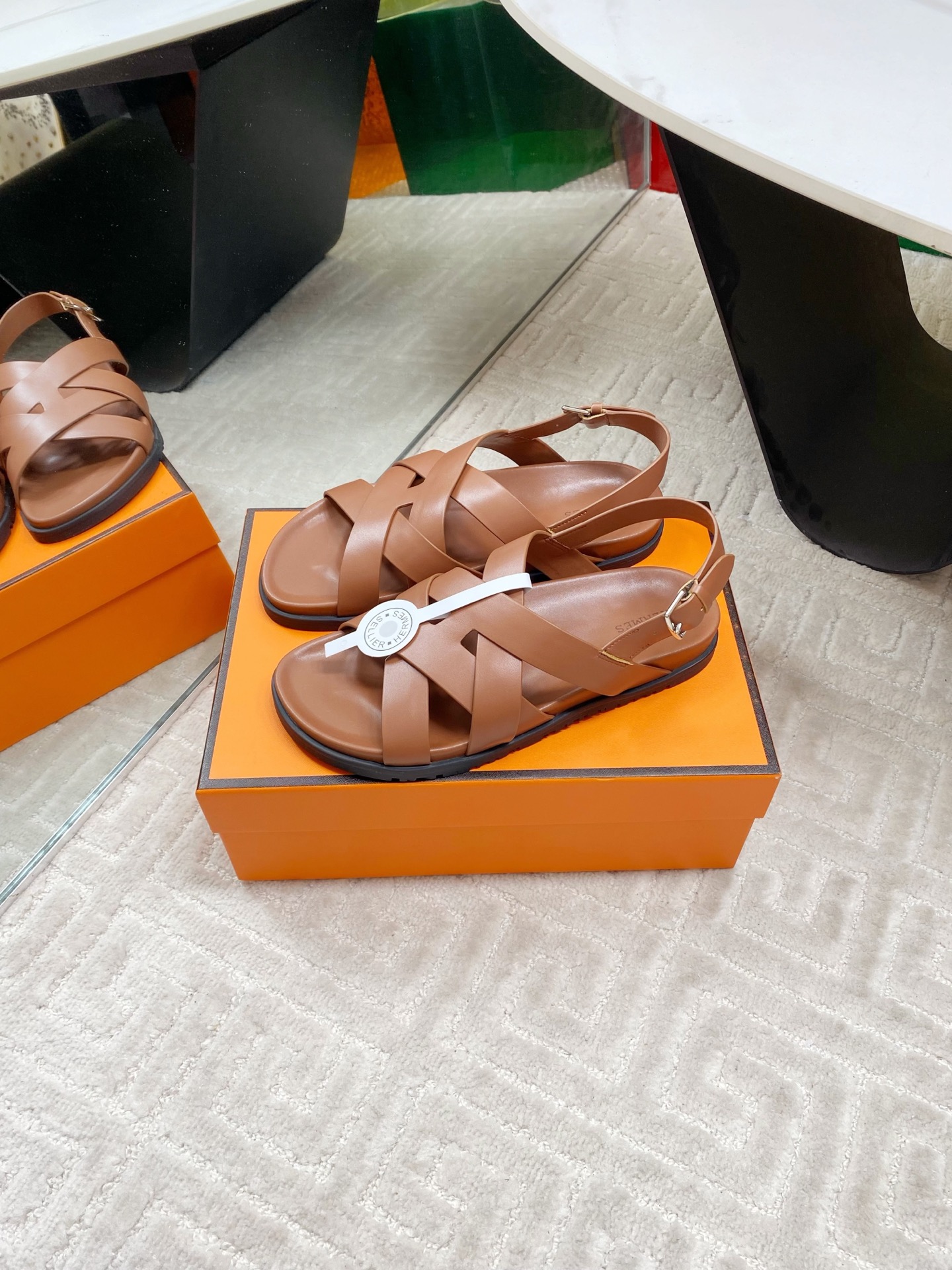 Hermes Cross Sandals Women's Leather Open Toe Flat Sandals Brown 2 i1745307294124 4878 0 3