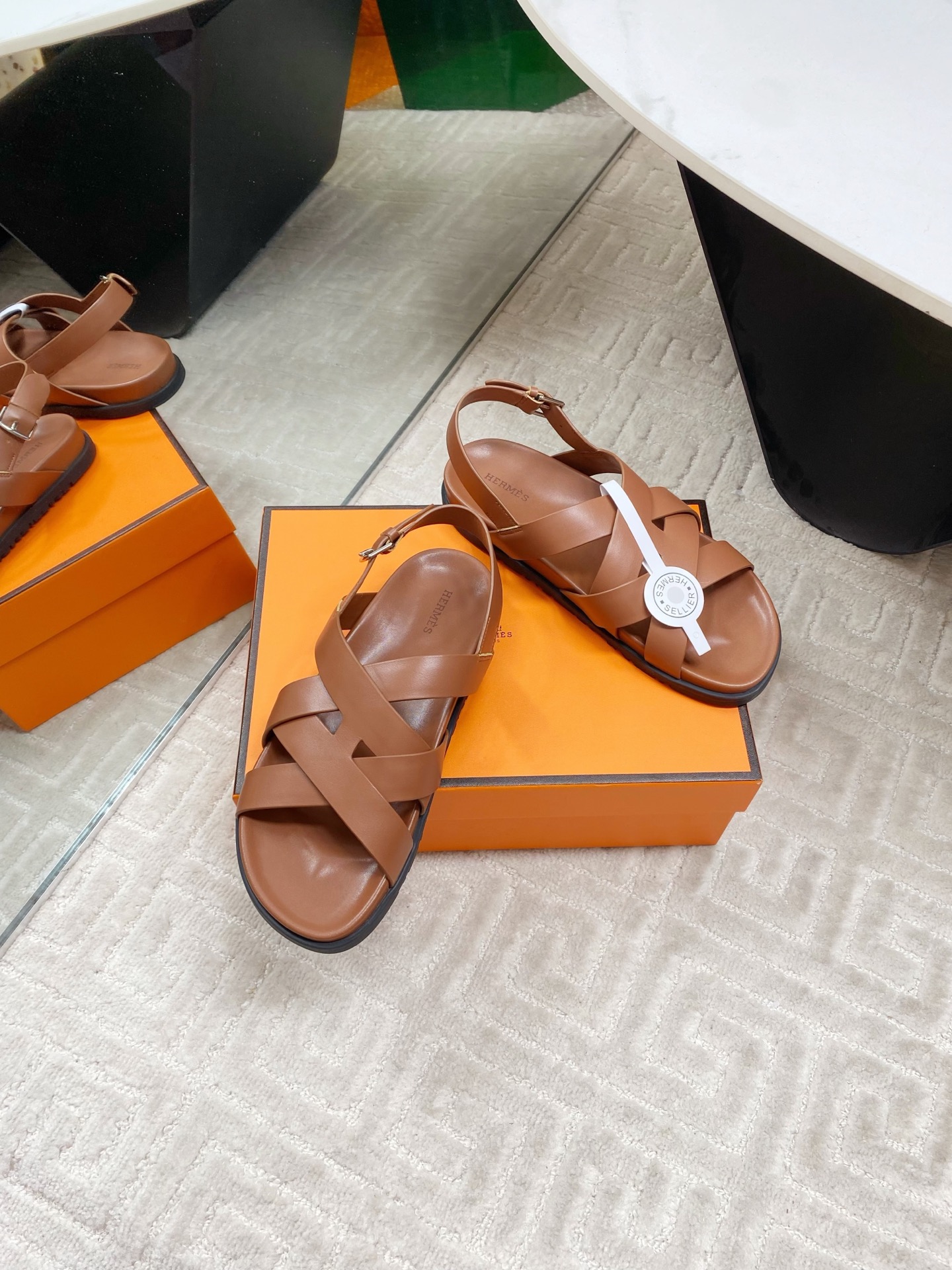 Hermes Cross Sandals Women's Leather Open Toe Flat Sandals Brown 4 i1745307294154 257 0 1