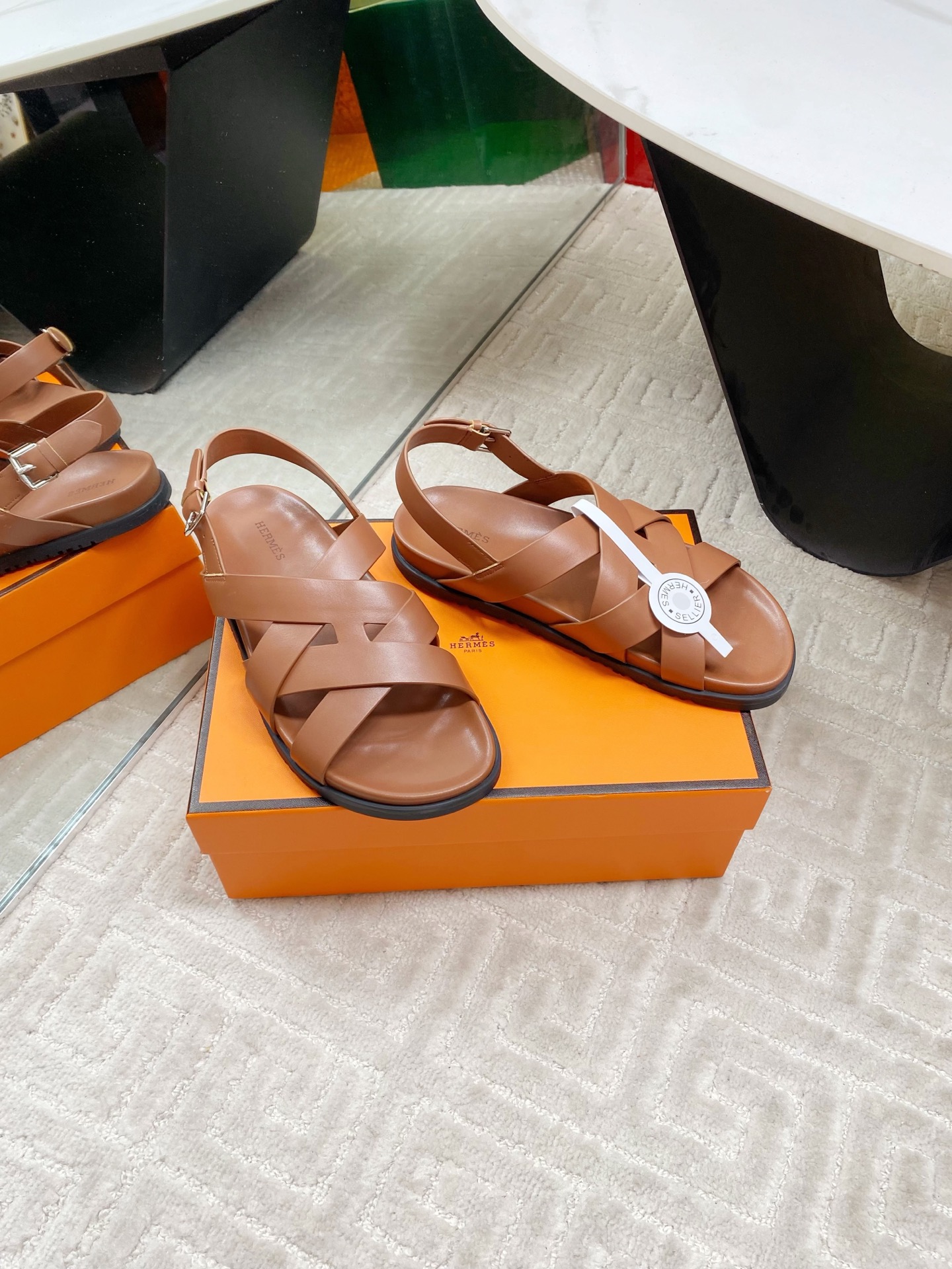 Hermes Cross Sandals Women's Leather Open Toe Flat Sandals Brown 5 i1745307295312 4741 0 2