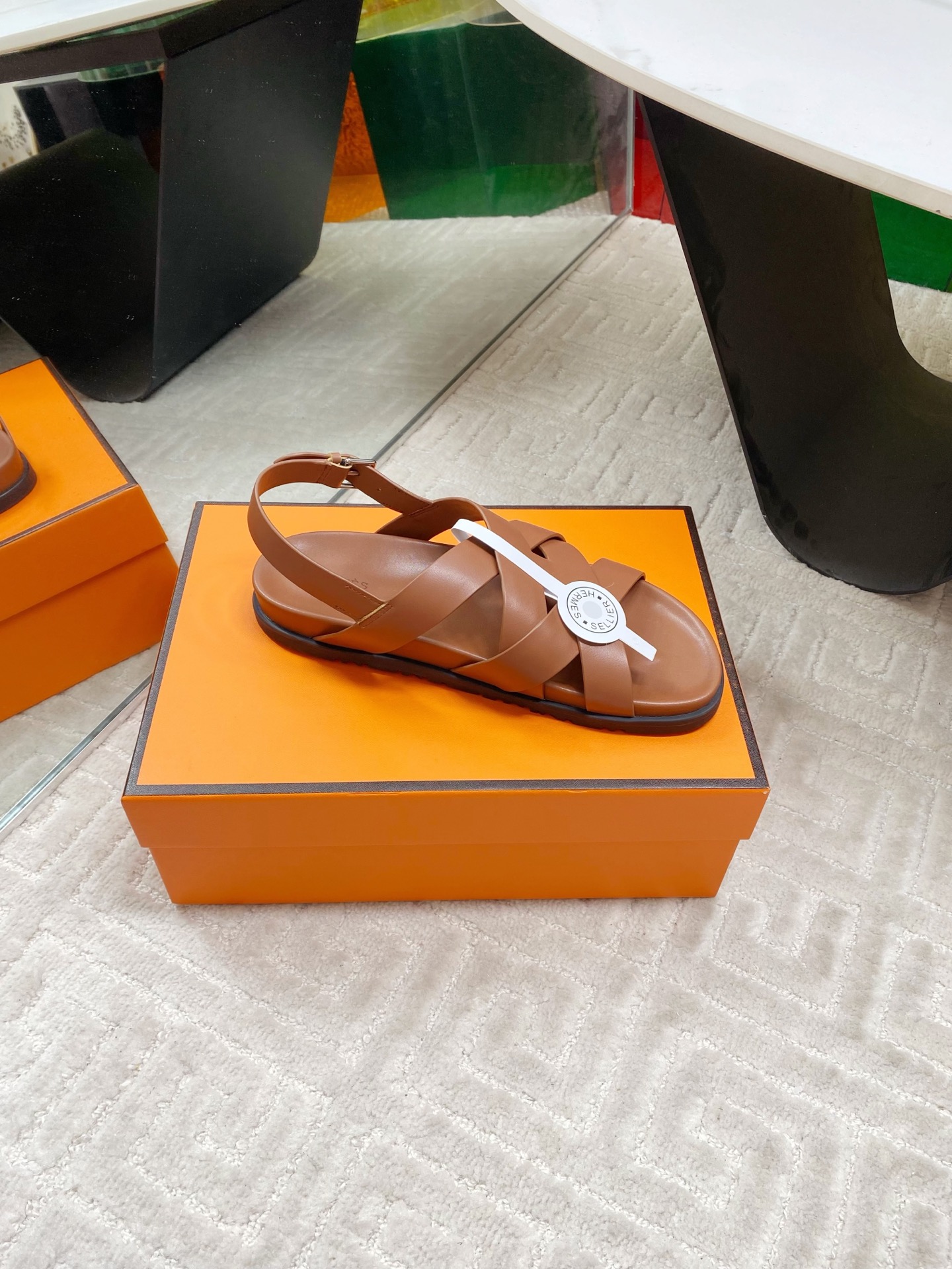 Hermes Cross Sandals Women's Leather Open Toe Flat Sandals Brown 8 i1745307295319 7163 0 6