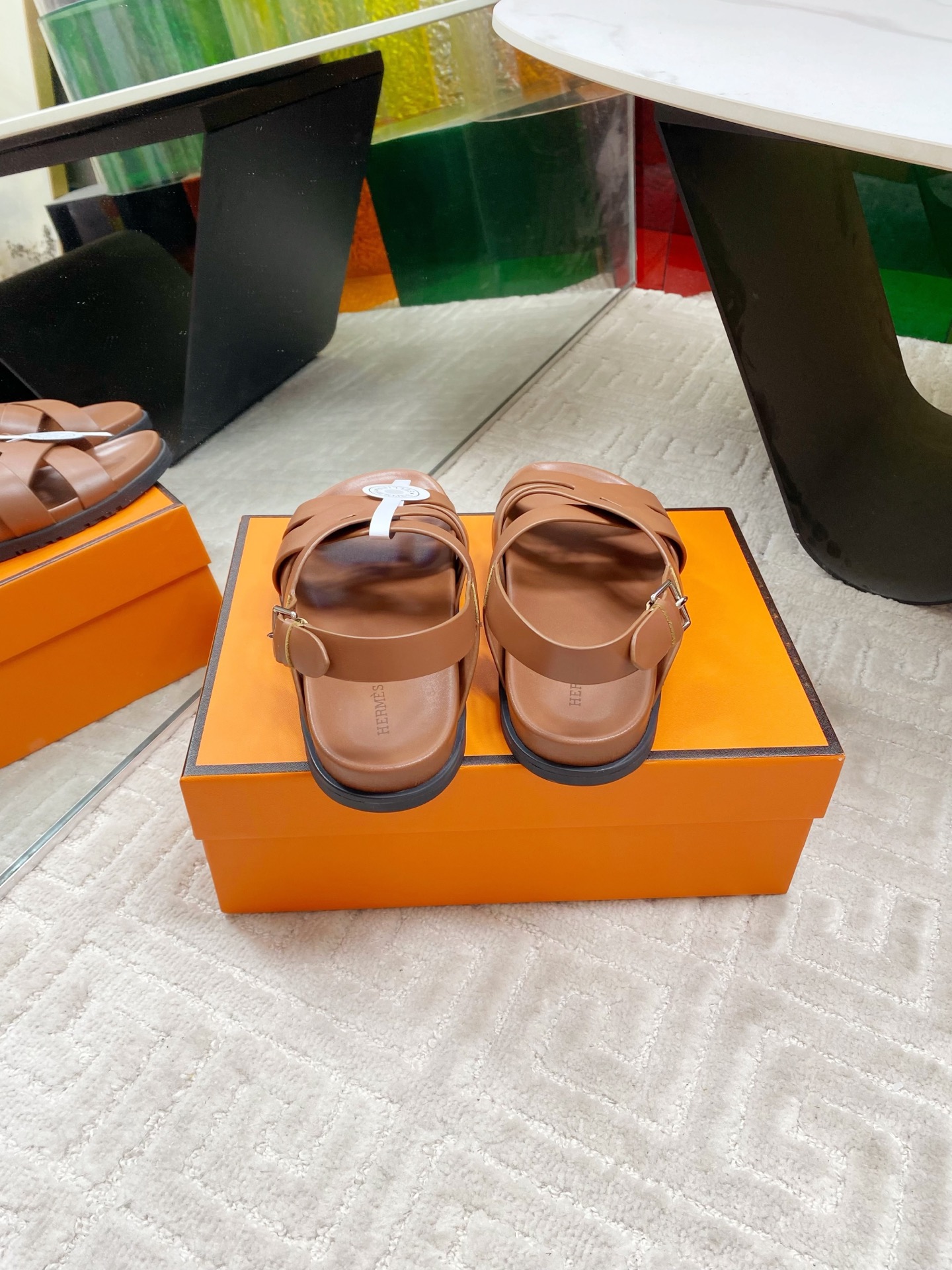 Hermes Cross Sandals Women's Leather Open Toe Flat Sandals Brown 9 i1745307295330 3053 0 7