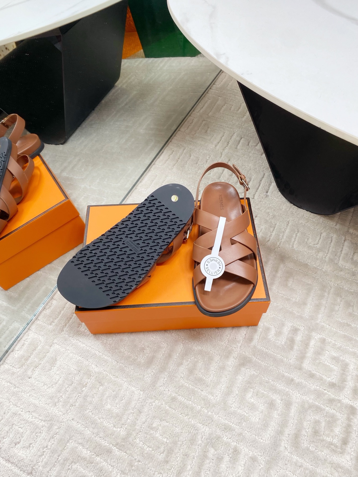 Hermes Cross Sandals Women's Leather Open Toe Flat Sandals Brown 10 i1745307295342 7872 0 8