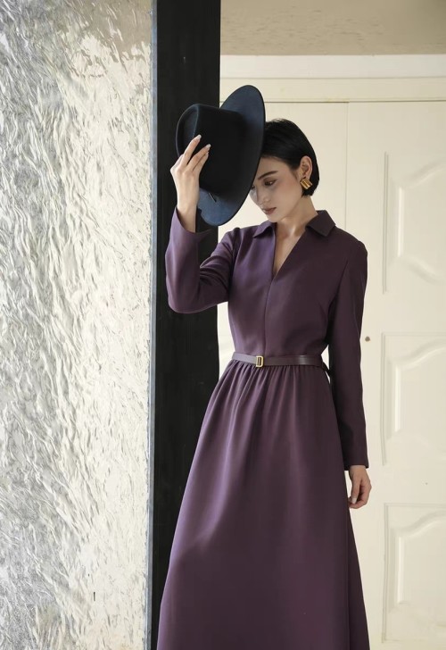 Elegant V-Neck Long Sleeve Maxi Dress with Belt - Chic & Figure Flattering 1 Elegant V-Neck Long Sleeve Maxi Dress with Belt - Chic & Figure Flattering