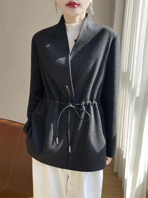 Elegant Cashmere Blend Herringbone Drawstring Coat - Sophisticated Warmth 1 Elegant Cashmere Blend Herringbone Drawstring Coat - Sophisticated Warmth