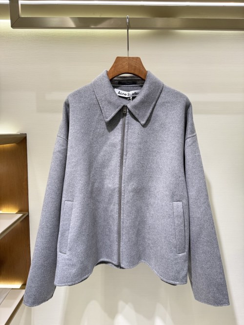 Acne Studios Wool Blend Zip-Up Jacket with Point Collar in Gray 1 Acne Studios Wool Blend Zip-Up Jacket with Point Collar in Gray