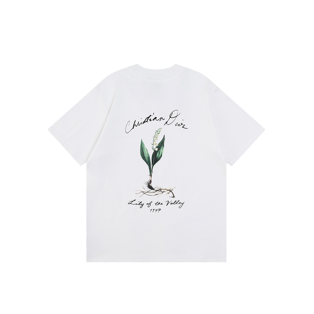 Dior DIOR迪奥 2024ss草写字母铃兰花植绒印花短袖T恤