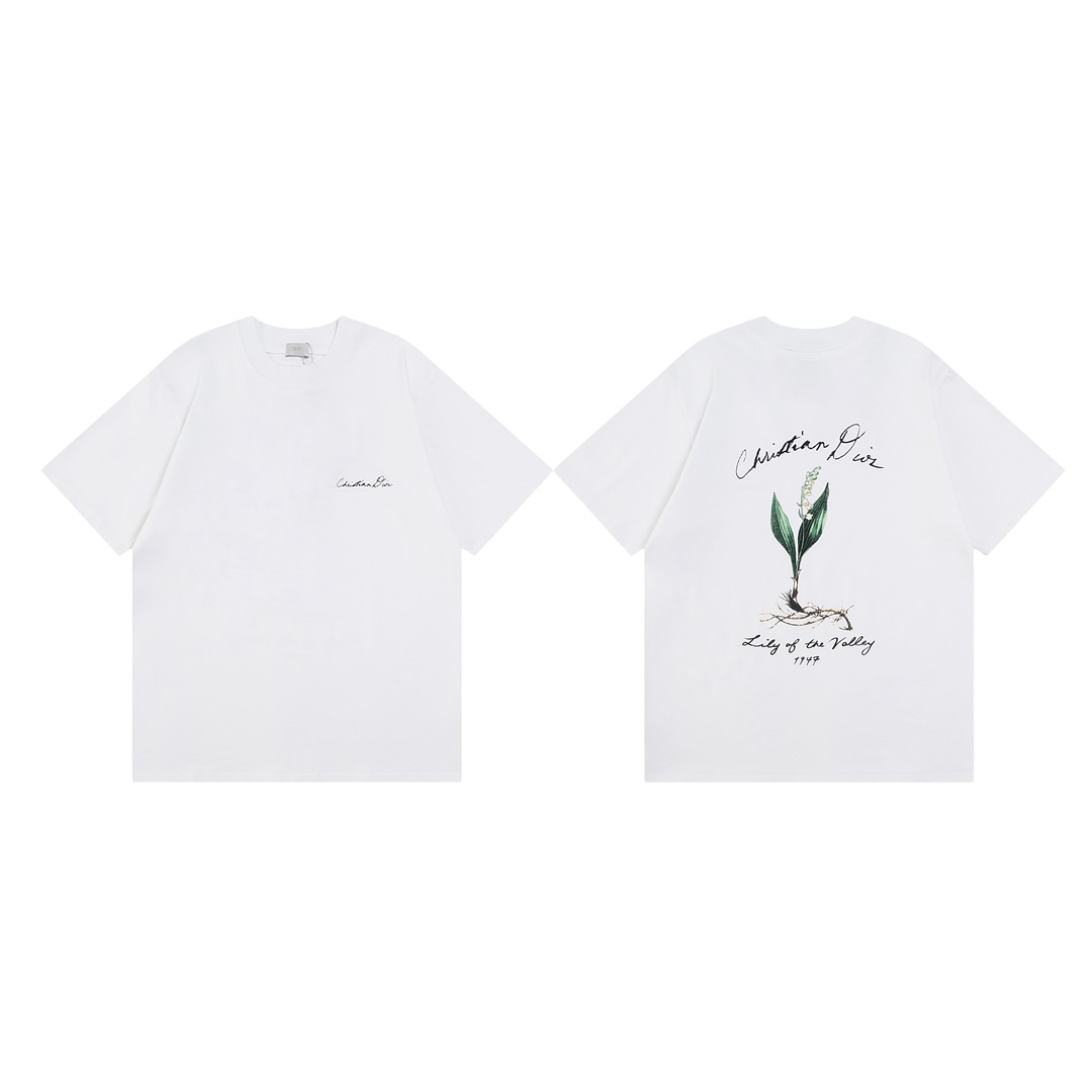 Dior DIOR迪奥 2024ss草写字母铃兰花植绒印花短袖T恤