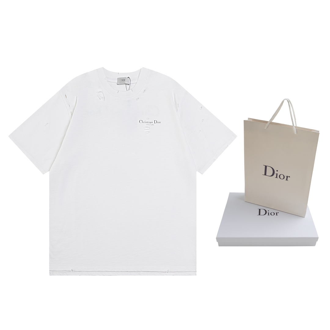 Dior DIOR迪奥 2024ss 破洞烧花效果前面字母印花短袖T恤