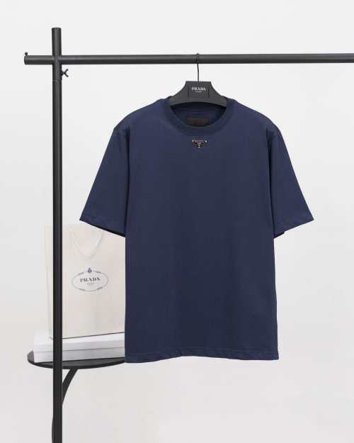 Prada Men's Blue Cotton T-Shirt with Enamel Triangle Logo 1 Prada Men's Blue Cotton T-Shirt with Enamel Triangle Logo