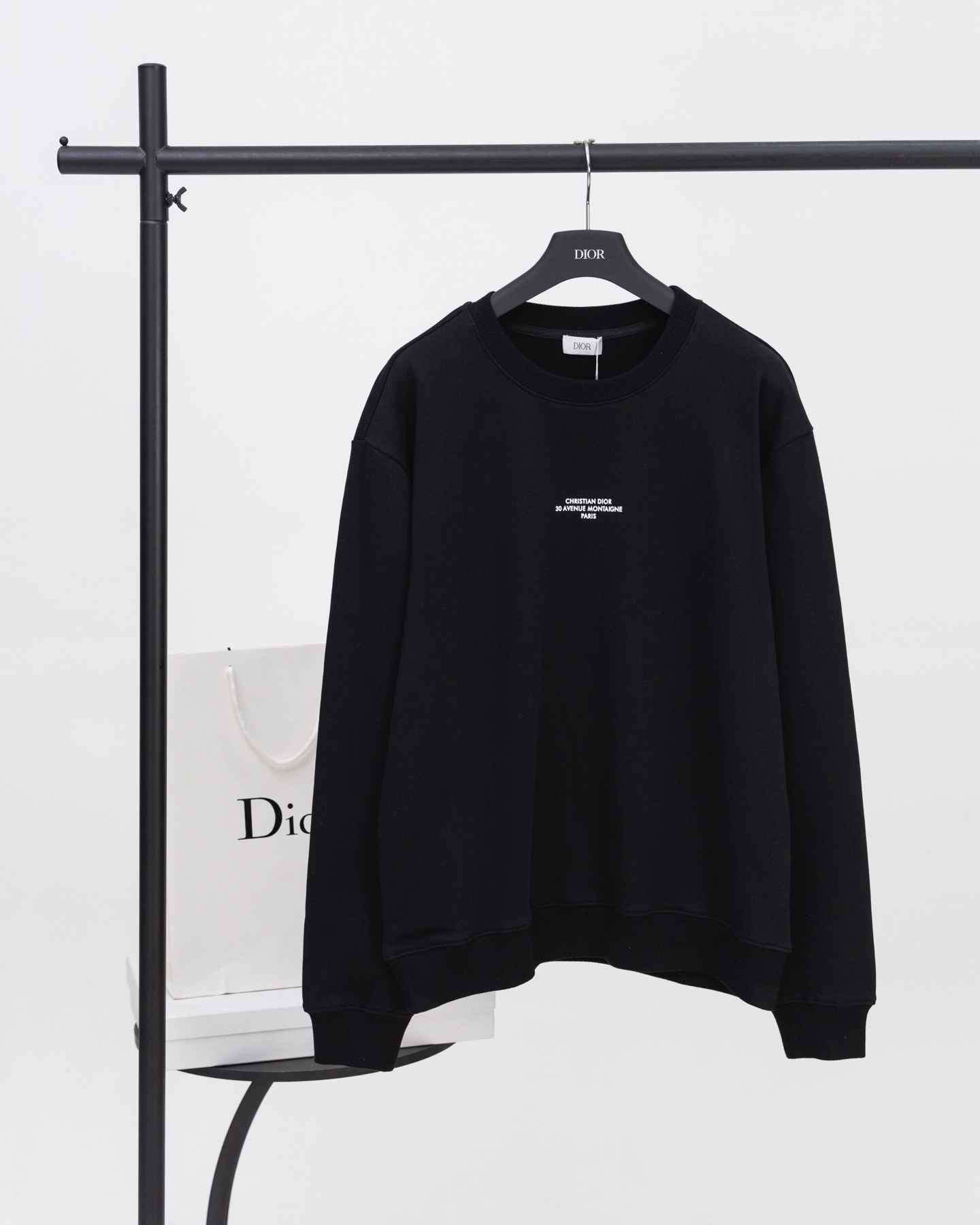 Dior Montaigne Black Cotton Fleece Sweatshirt with Signature, Relaxed Fit