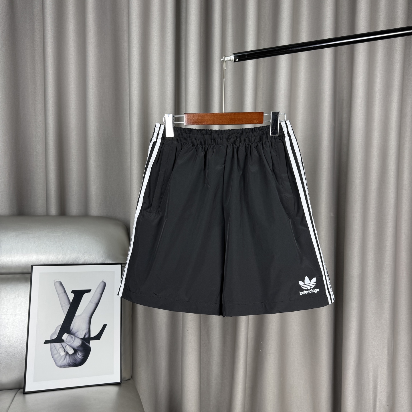 Balenciaga x Adidas Embroidered Logo Shorts - Black Woven Athletic Shorts
