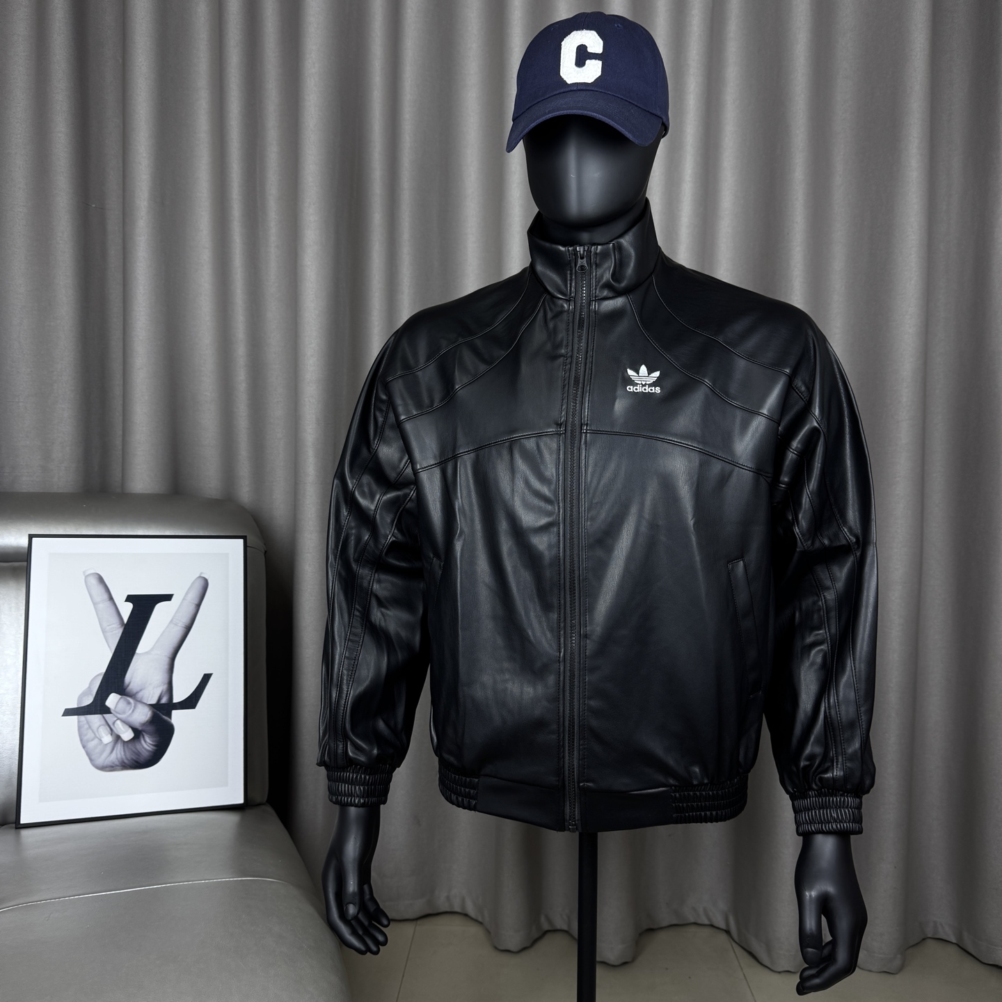 Adidas Retro Embroidered Logo Leather Jacket, Unisex Full-Zip Softshell