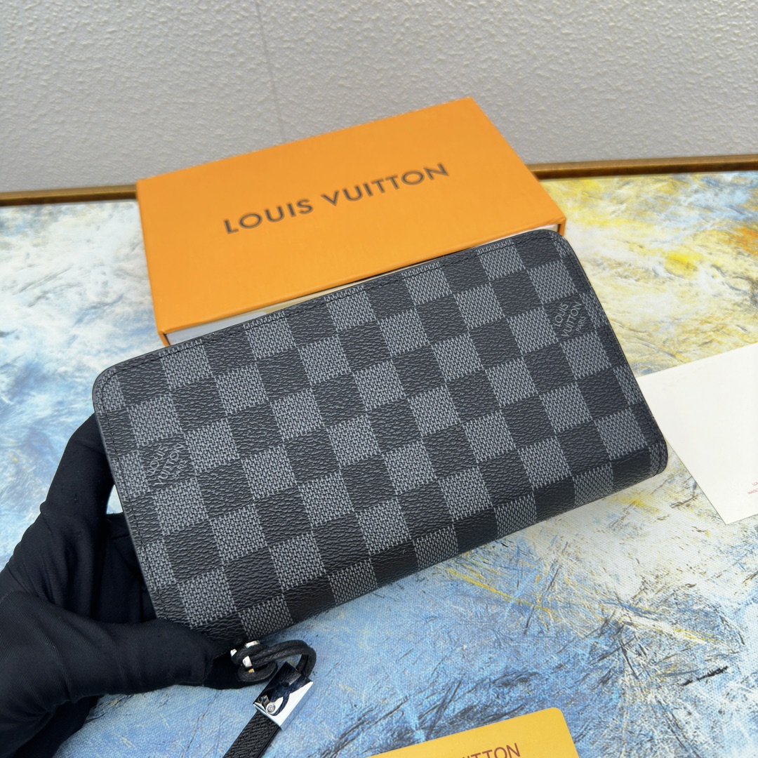 Front view of a premium leather long zipper wallet