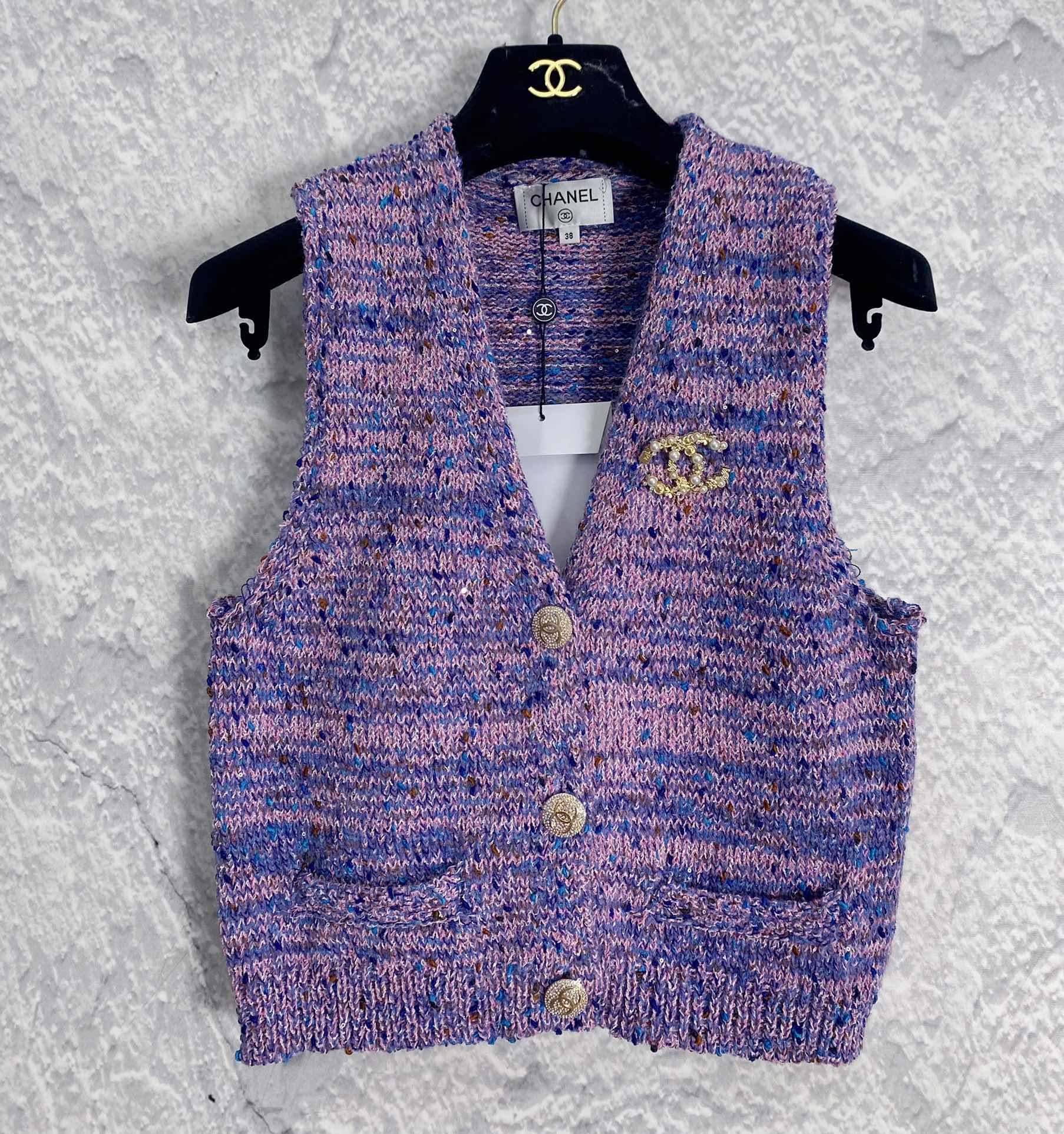 Chanel Clothing Waistcoats Grey Purple Knitting Fashion