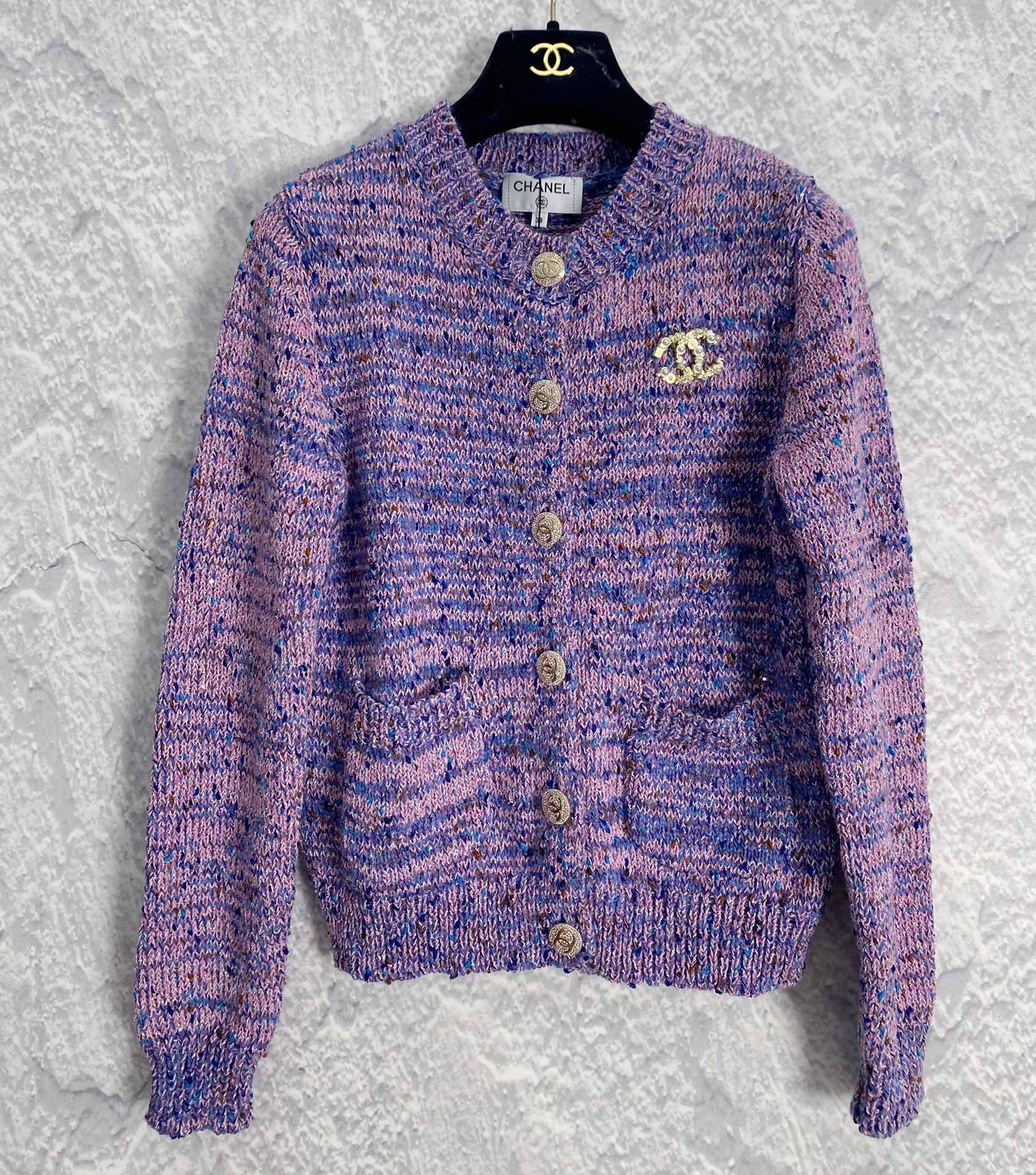 Chanel Clothing Cardigans Knit Sweater Grey Purple Knitting Fashion