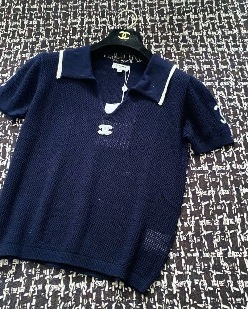 Chanel Women's Polo Shirt Breathable Fabric with Logo Accent, Navy Blue 1 Chanel Women's Polo Shirt Breathable Fabric with Logo Accent, Navy Blue