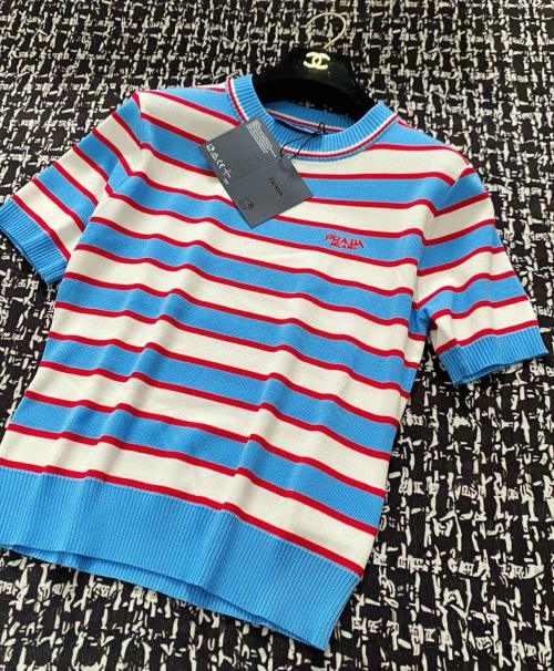 Prada Striped Short Sleeve T-Shirt with Embroidered Logo, Slim Fit Design 1 Prada Striped Short Sleeve T-Shirt with Embroidered Logo, Slim Fit Design
