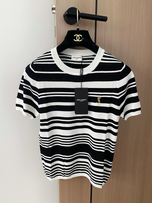 Saint Laurent Striped Cotton Blend T-Shirt, Black and White, Women's Fashion
