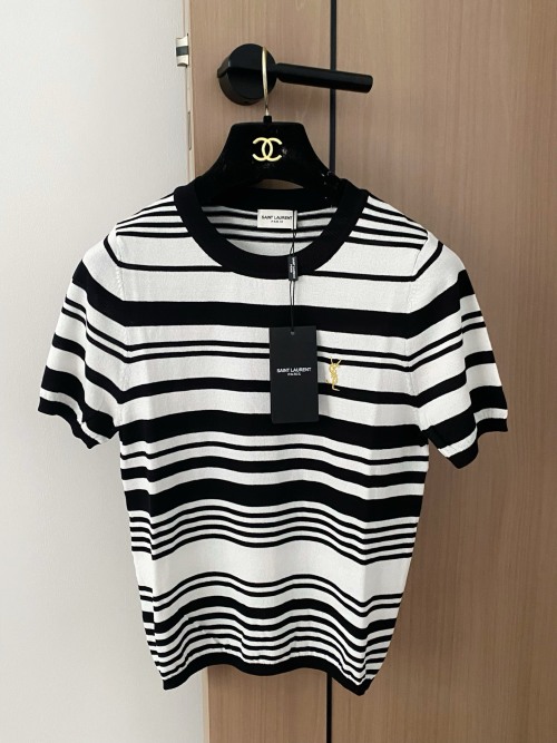Saint Laurent Striped Cotton T-Shirt - Black and White, Embroidered Logo 1 Saint Laurent Striped Cotton T-Shirt - Black and White, Embroidered Logo