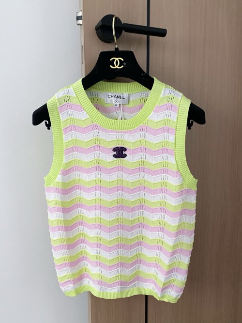 Chanel Sleeveless Knit Top - Color Block Design, Breathable Fabric