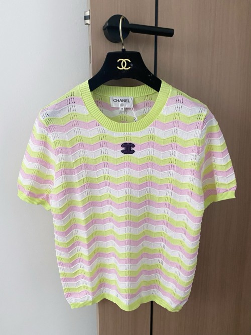 Chanel Striped Short Sleeve Top Designer Knitwear Breathable Lightweight 1 Chanel Striped Short Sleeve Top Designer Knitwear Breathable Lightweight