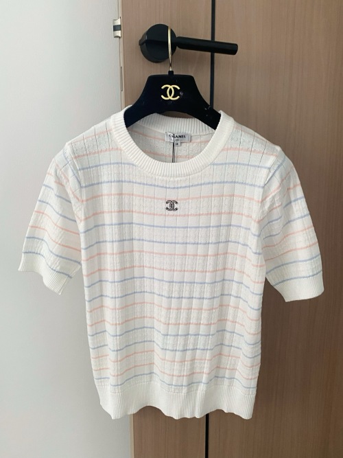 Chanel Women's Striped Short Sleeve T-Shirt Breathable Summer Top