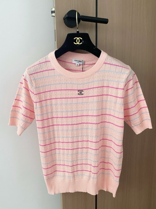 Chanel Striped Short-Sleeve Top - Breathable Knit with Logo Detail 1 Chanel Striped Short-Sleeve Top - Breathable Knit with Logo Detail