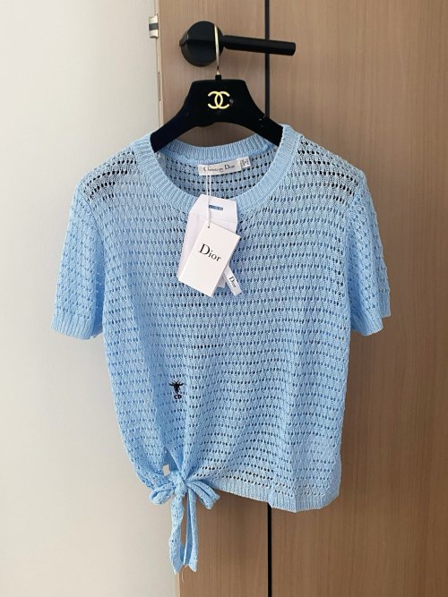 Dior Women's Blue Knitted Short Sleeve Top with Embroidered Bee Logo 1 Dior Women's Blue Knitted Short Sleeve Top with Embroidered Bee Logo