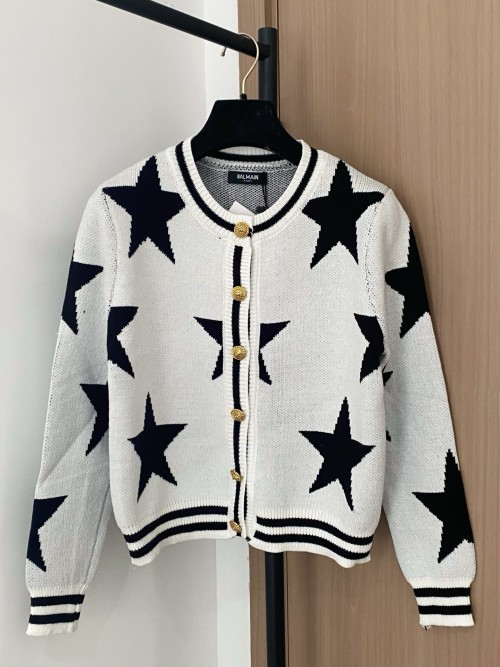 Balmain Women's Star Print Cardigan With Gold Logo Button, Classic Style 1 Balmain Women's Star Print Cardigan With Gold Logo Button, Classic Style
