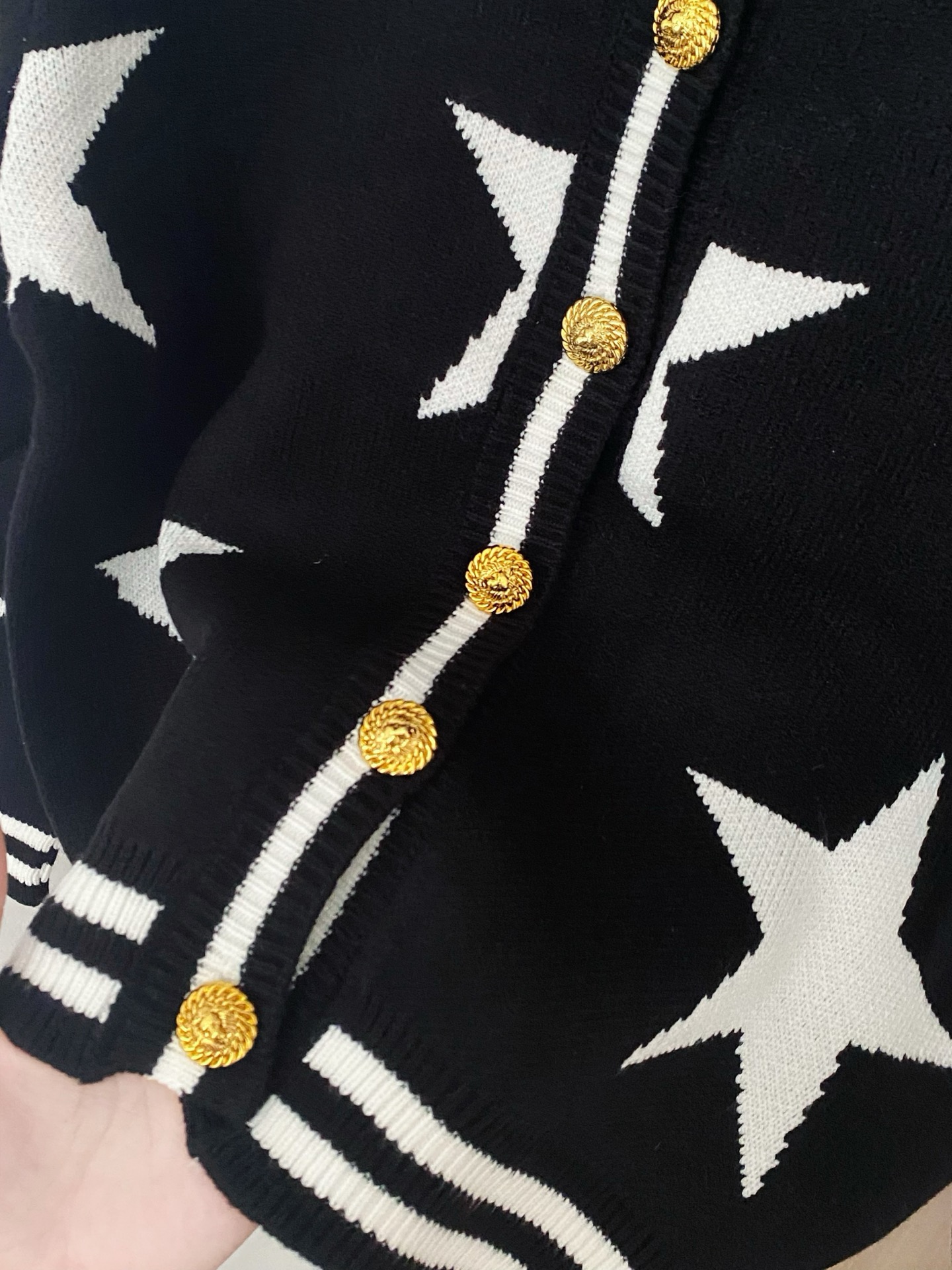 Balmain Women's Star Print Cardigan with Gold-Tone Button, Black and White 6 i1756357688626 4330 0 4