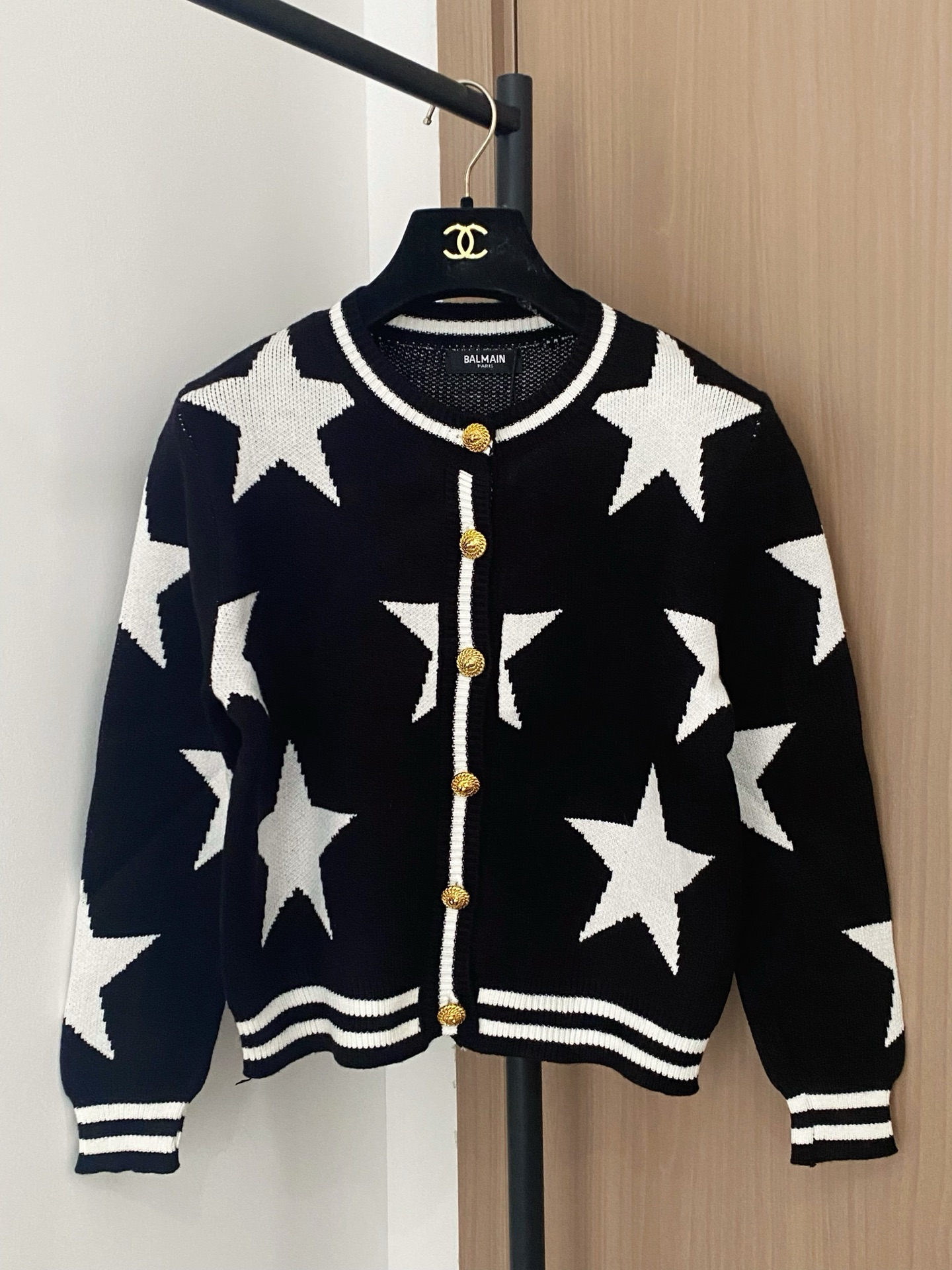 Balmain Women's Star Print Cardigan with Gold-Tone Button, Black and White 2 i1756357688659 2535 0 0