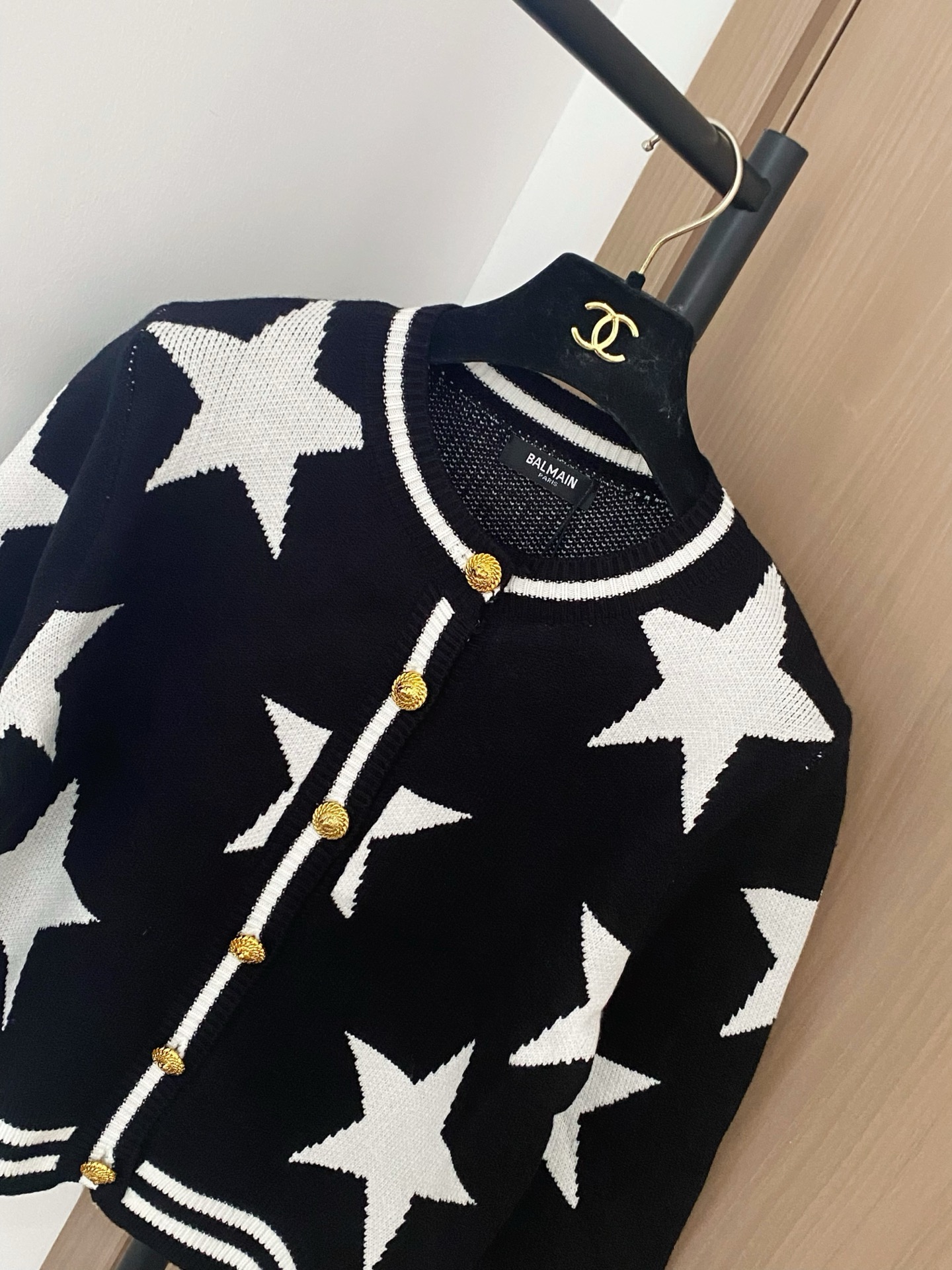 Balmain Women's Star Print Cardigan with Gold-Tone Button, Black and White 4 i1756357689453 1176 0 2