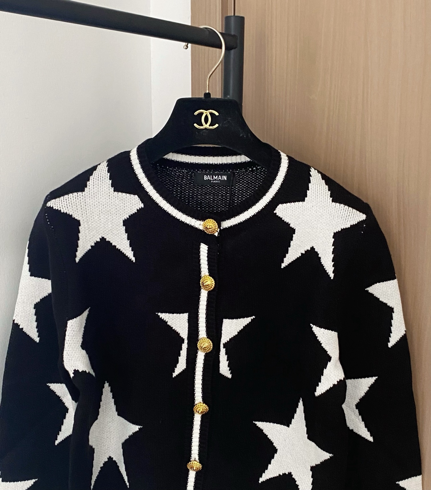 Balmain Women's Star Print Cardigan with Gold-Tone Button, Black and White 3 i1756357689455 5215 0 1