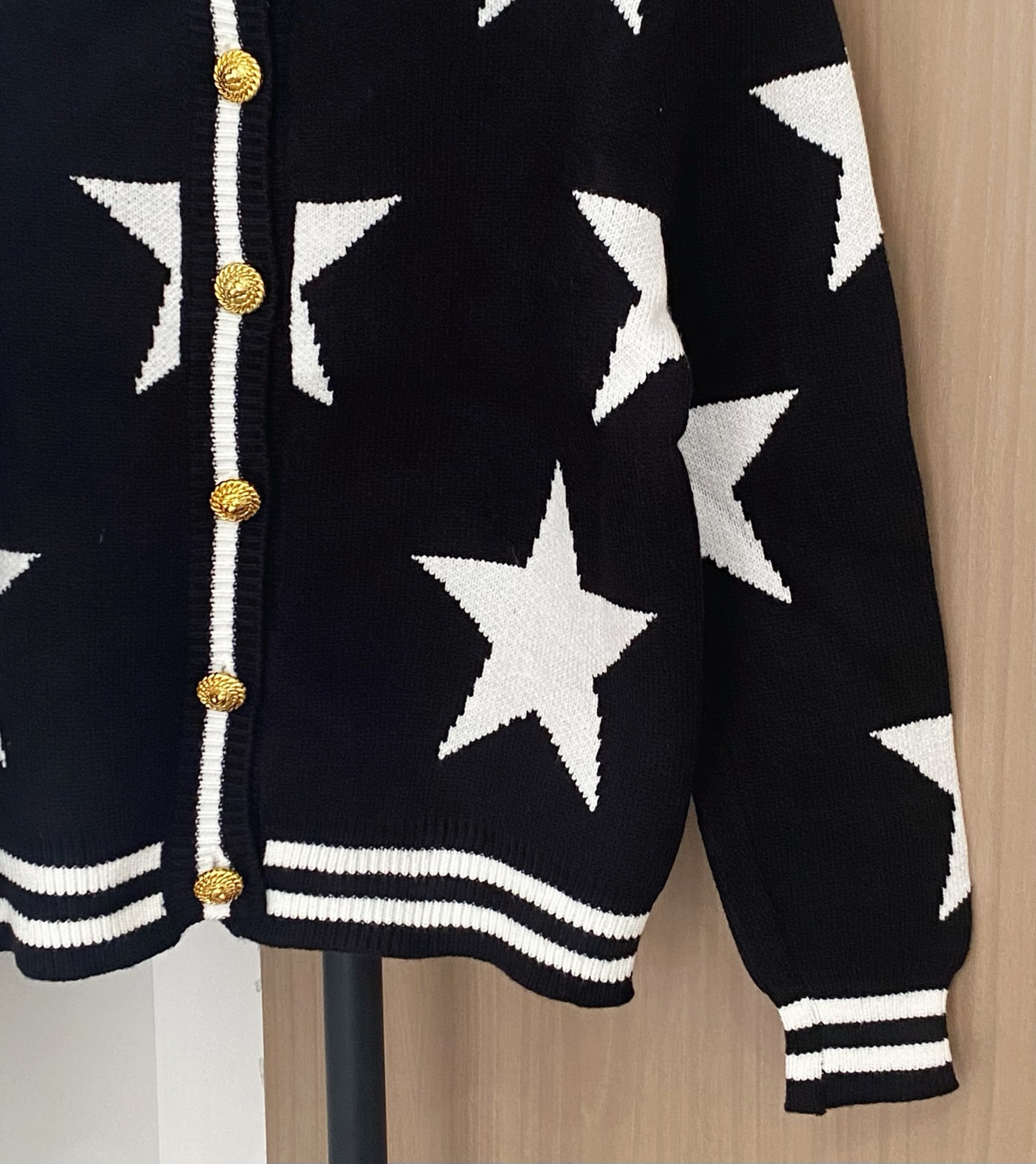 Balmain Women's Star Print Cardigan with Gold-Tone Button, Black and White 5 i1756357689463 6607 0 3