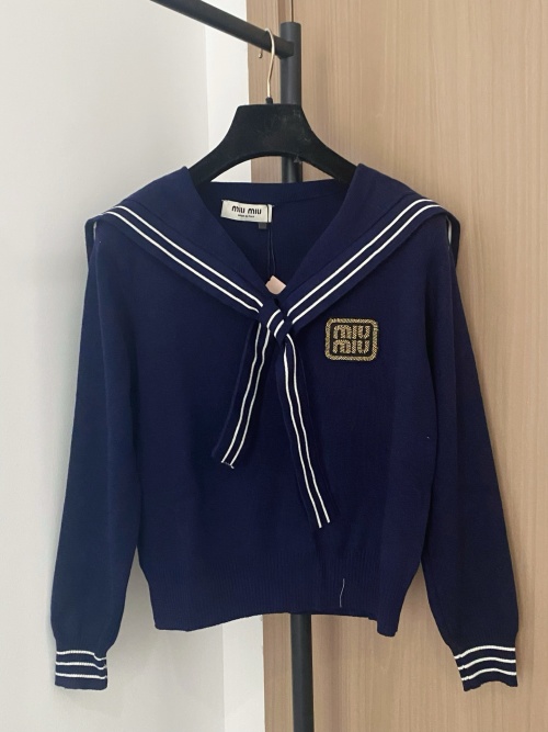 Miu Miu Navy Collar Logo Embellished Long Sleeve Knit Top 1 Miu Miu Navy Collar Logo Embellished Long Sleeve Knit Top