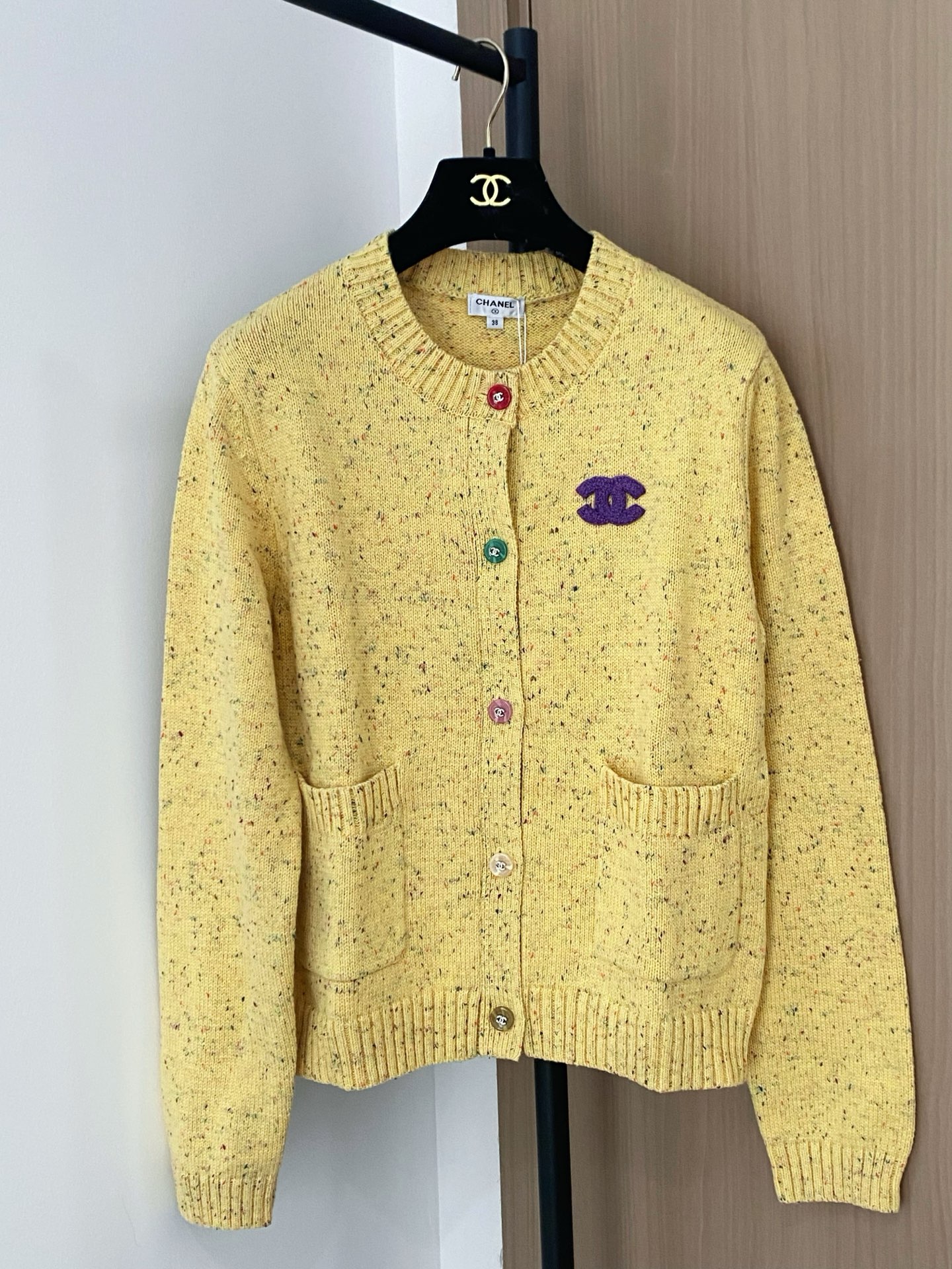 Chanel 25 Yellow Knit Cardigan with Colorful Logo Buttons - New Arrival 2 i1756358701813 2985 0 0
