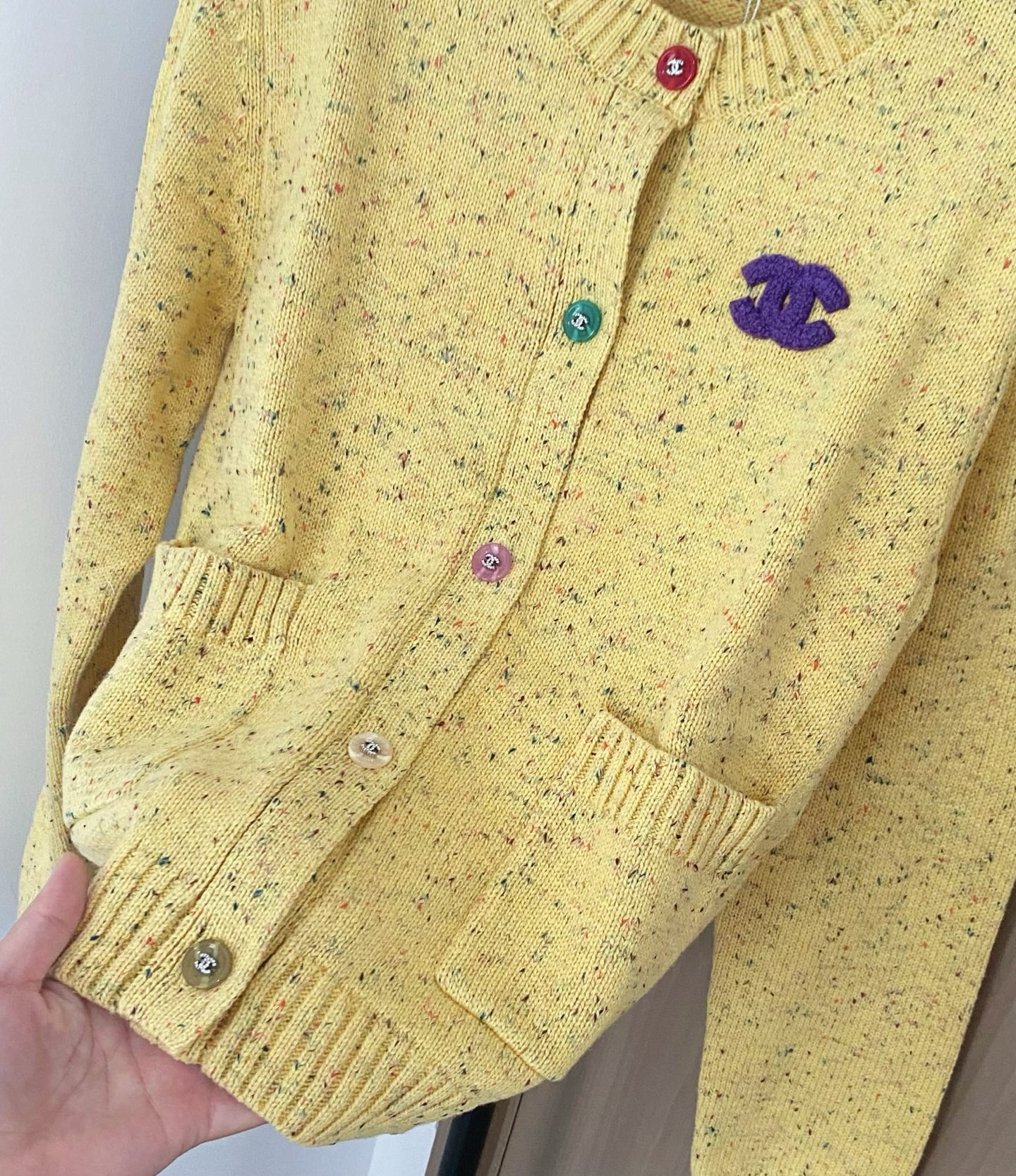 Chanel 25 Yellow Knit Cardigan with Colorful Logo Buttons - New Arrival 6 i1756358701823 5078 0 4