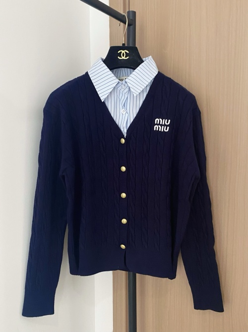 Miu Miu Women's Navy Blue Cable Knit Cardigan with Logo, Slim Fit 1 Miu Miu Women's Navy Blue Cable Knit Cardigan with Logo, Slim Fit