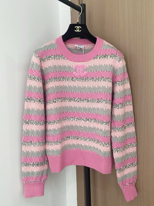 Chanel 25 New Long Sleeve Striped Sweater With Logo In Pink And Grey 1 Chanel 25 New Long Sleeve Striped Sweater With Logo In Pink And Grey