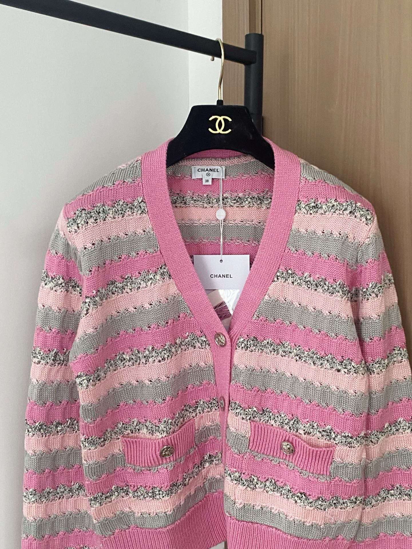 Elegant Chanel Striped Knit Cardigan with V-Neck and Logo Details 3 i1756359499238 9568 0 1
