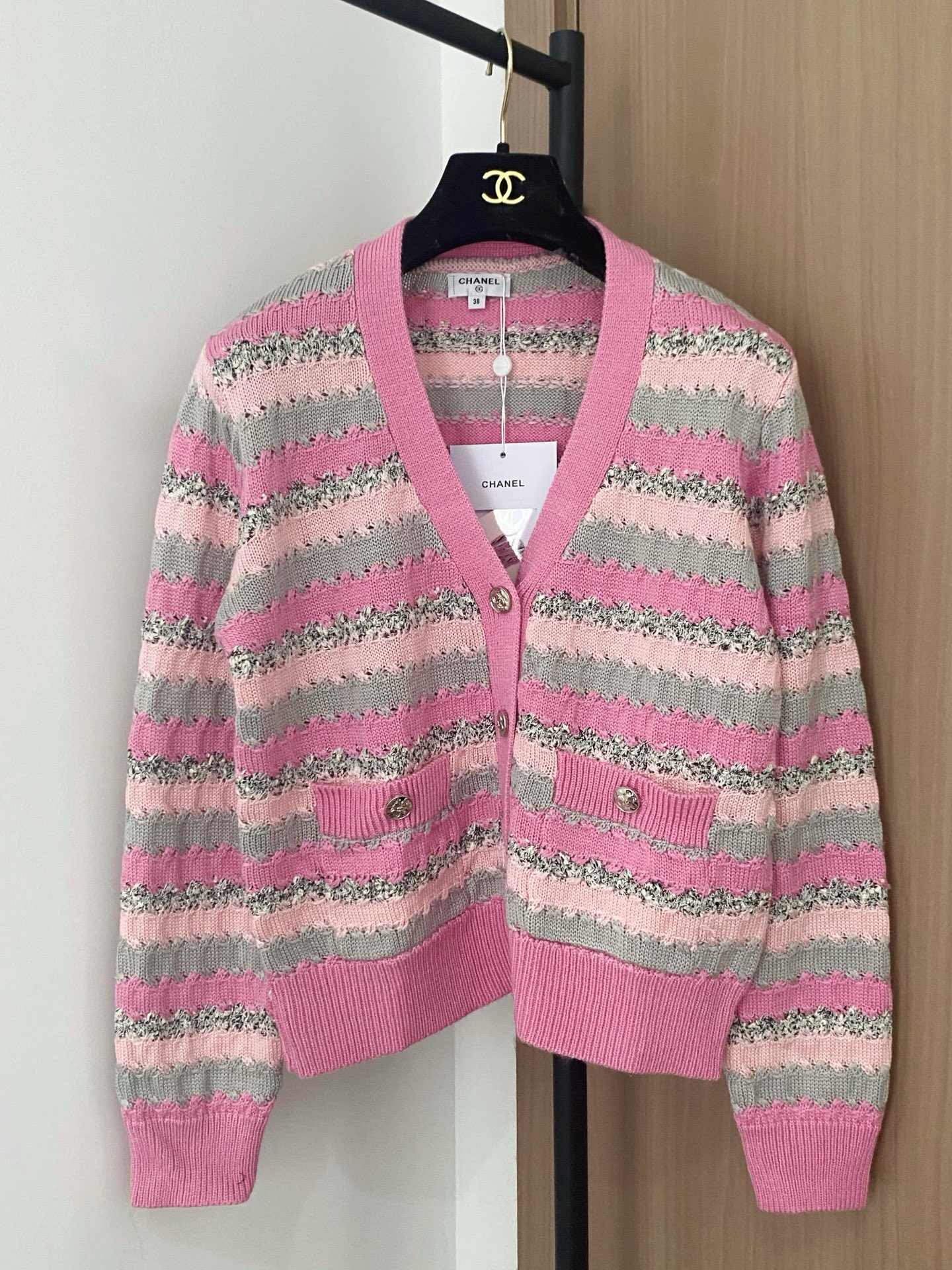 Elegant Chanel Striped Knit Cardigan with V-Neck and Logo Details 2 i1756359499264 1302 0 0