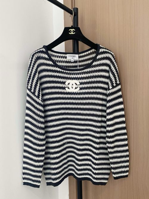 Chanel Striped Cotton Knit Top Long Sleeve Crew Neck Women's Size 36/38/40 1 Chanel Striped Cotton Knit Top Long Sleeve Crew Neck Women's Size 36/38/40