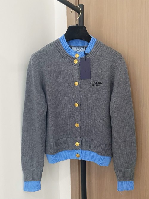 Prada Women's Gray Knit Cardigan with Blue Trim and Gold-Tone Buttons 1 Prada Women's Gray Knit Cardigan with Blue Trim and Gold-Tone Buttons