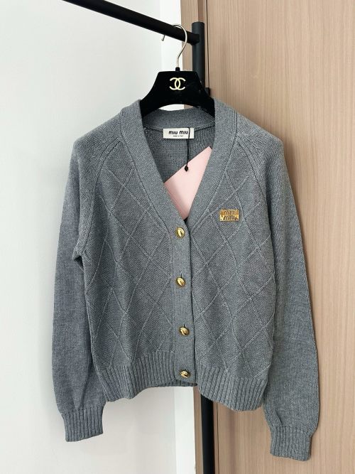 MIUMIU Women's V-Neck Knit Cardigan with Logo, Slim Fit, Two Colors Available 1 MIUMIU Women's V-Neck Knit Cardigan with Logo, Slim Fit, Two Colors Available