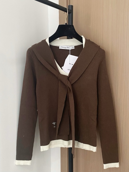 Dior Women's Brown Shawl Collar Long Sleeve Knit Top With Embroidered Logo 1 Dior Women's Brown Shawl Collar Long Sleeve Knit Top With Embroidered Logo