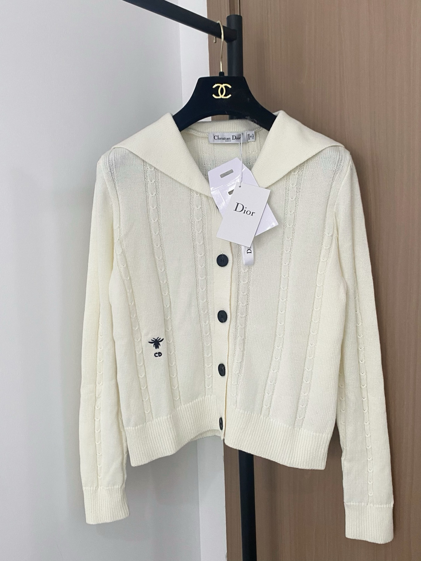 Dior 2024 Cardigan with Embroidered Logo and Navy Collar, Slim Fit