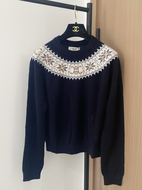 Celine Women's Navy Blue Long Sleeve Sweater with Pattern Logo Embellishment 1 Celine Women's Navy Blue Long Sleeve Sweater with Pattern Logo Embellishment