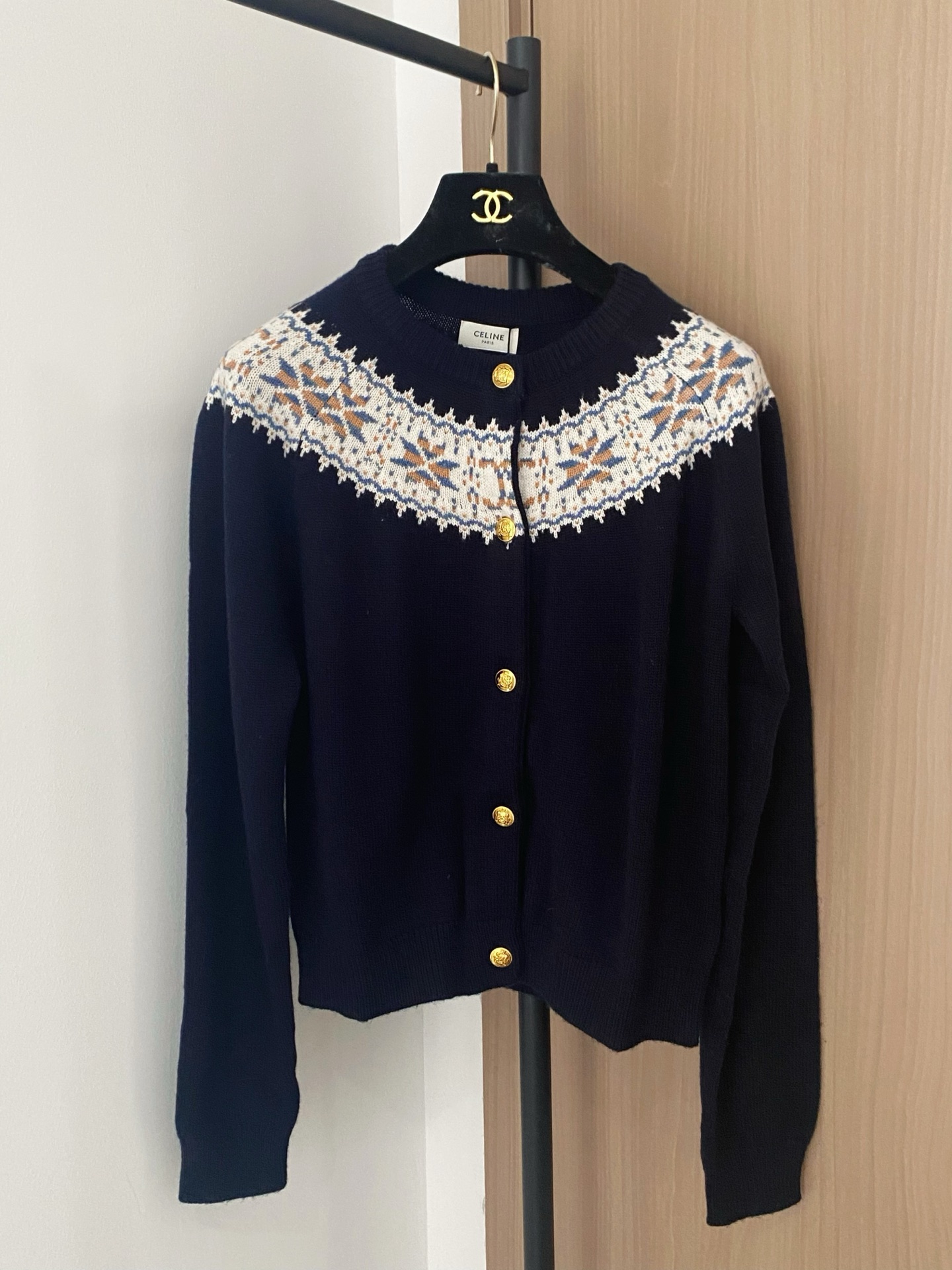 Celine Navy Cardigan with Patterned Yoke and Gold Buttons - Women's Size 36 2 i1756530888324 1220 0 0